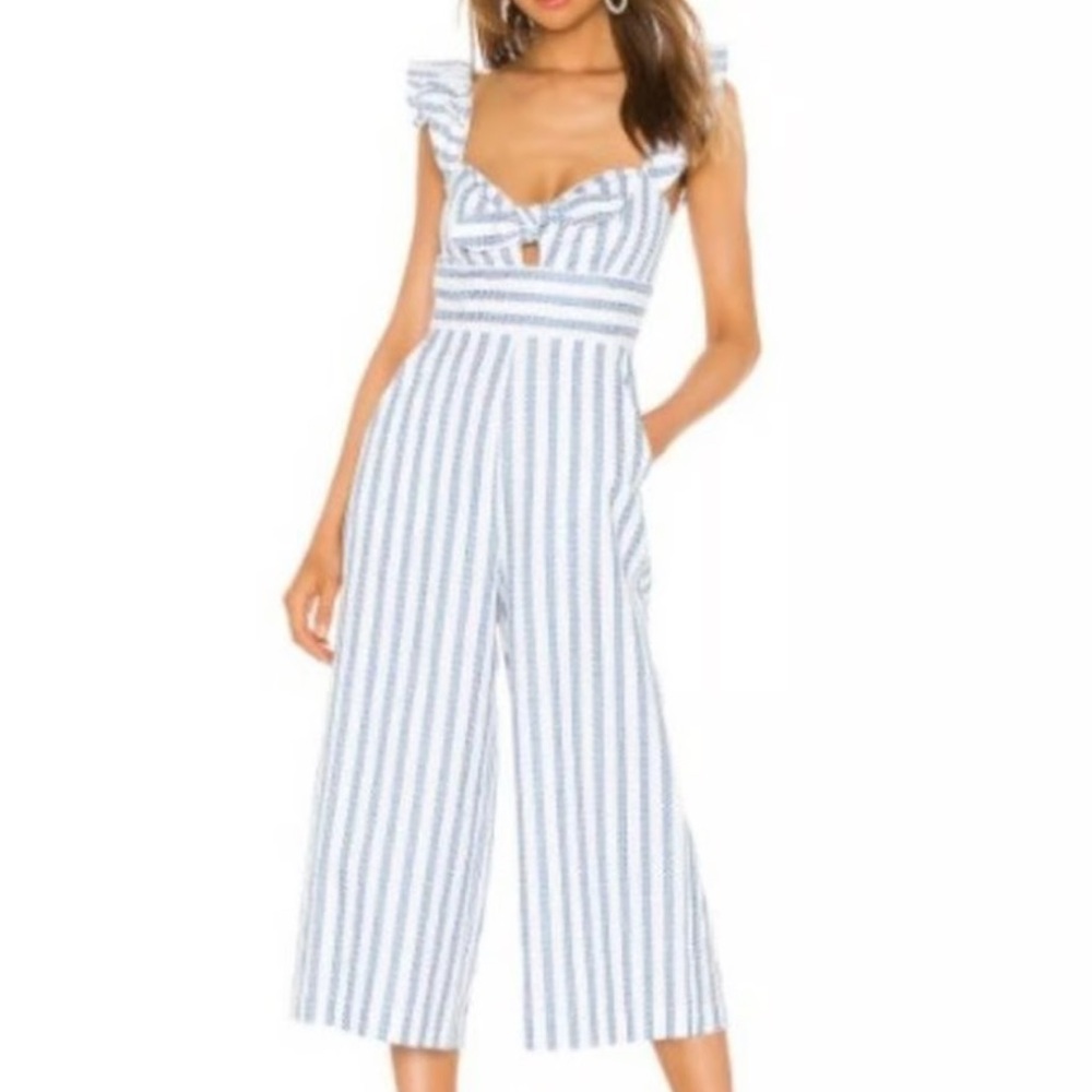 BCBGeneration Blue & White Striped Ruffled Strap Cropped Jumpsuit